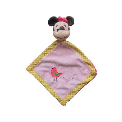 doudou souris plat minnie rose et jaune motif oiseau