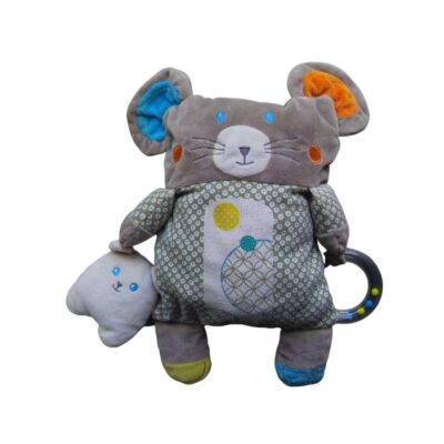 doudou souris gris orange bleu hochet obaibi