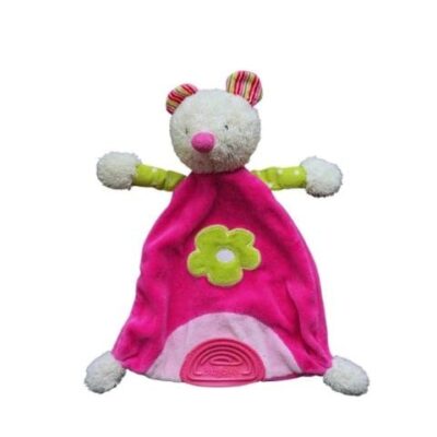 doudou souris rose fleur verte anneau de dentition