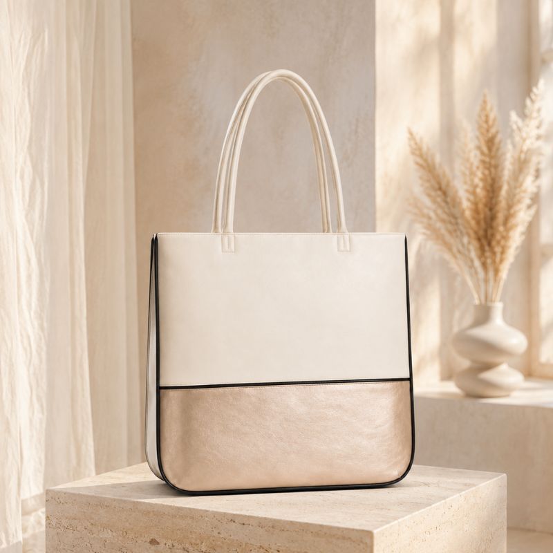 Sac cabas femme bicolore ivoire et champagne doré – Image 2